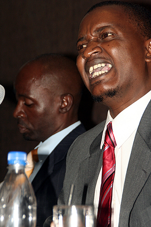 newgeneration NEW generation Party leader Humphrey Siulapwa with Forum for Leadership Search executive directo Edwin Lifwekelo stressing a point during a press briefing in Lusaka