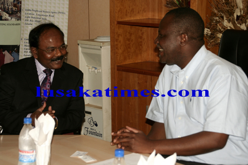 felix_mutati Commerce minister Felix Mutati (right) talks to Bharat Scans managing director Emmanuel Rajamani during a business meeting in Lusaka yesterday