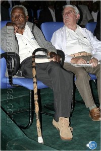 Elias Chipimo senior (l) and politician Simon Zukas listen to proceedings during the launch of the National Restoration Party in Lusaka