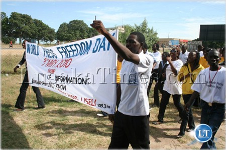 FILE: Journalists from different Media houses in Mongu participate in the commemoration the world press freedom day.
