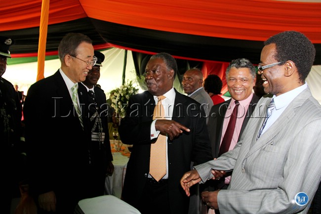 Ban Ki Moon, Former Vice President George Kunda and President Michael Sata share a light moment at State House while Given Lubinda looks on Ban Ki Moon, Former Vice President George Kunda and President Michael Sata share a light moment at State House while Given Lubinda looks on