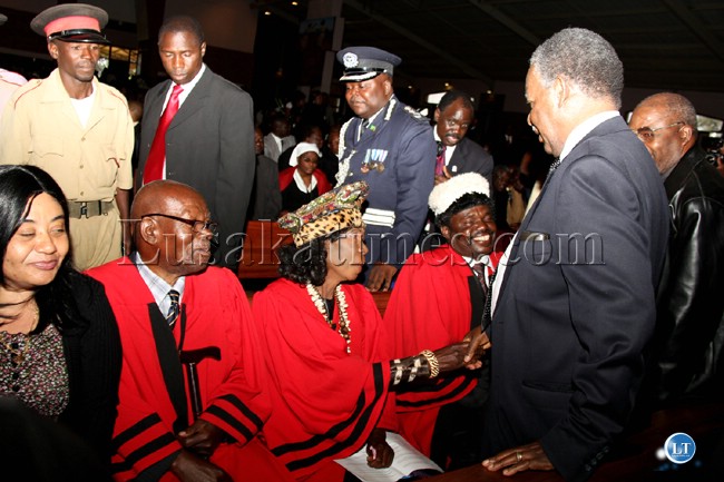 President Michael Sata greets traditional leaders from central province.