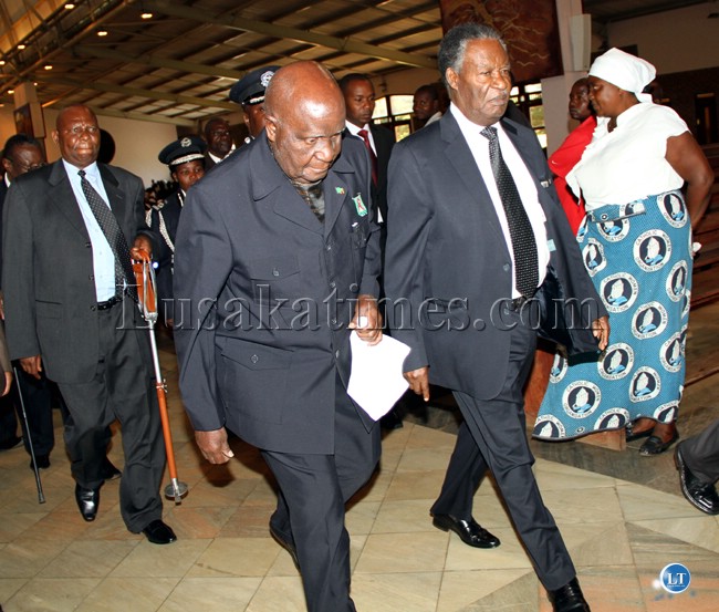 President Sata and former president Kenneth Kaunda before the funeral of George Kunda