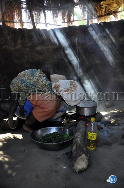 A woman fanning fire as she prepares a meal in Chongwe rural