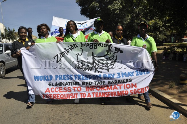 The recently established network of Zambian bloggers participate in the world press freedom day march past in Lusaka