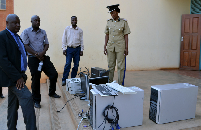 Cancer Diseases Hospital Head of Clinical Care Dr Lewis Banda (left), Medical Physicist Augustine Mwale and Police Spokesperson Elizabeth Kanjela (right) inspect the recovered items at the Lusaka Magistrates court complex Cancer Diseases Hospital Head of Clinical Care Dr Lewis Banda (left), Medical Physicist Augustine Mwale and Police Spokesperson Elizabeth Kanjela (right) inspect the recovered items at the Lusaka Magistrates court complex
