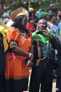Local Government and Housing Minister Emerine Kabanshi (left) and her Information and Broadcasting counterpart Kennedy Sakeni spot identical national colour fatigues at the laying of wreaths at Freedom Statue.