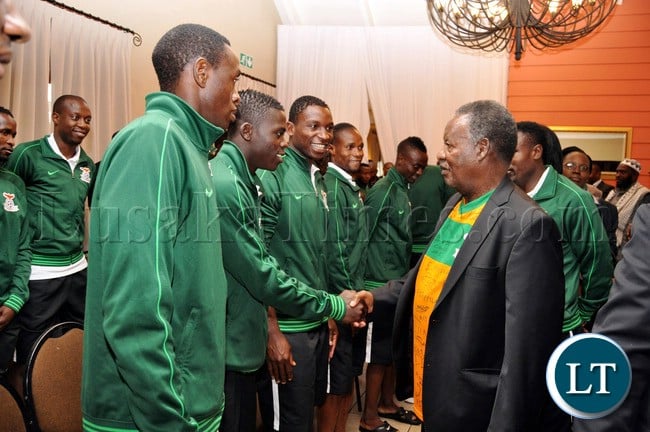 President Sata National Team players at Protea Hotel Nelspruit in South Africa where President Sata addressed the National Team