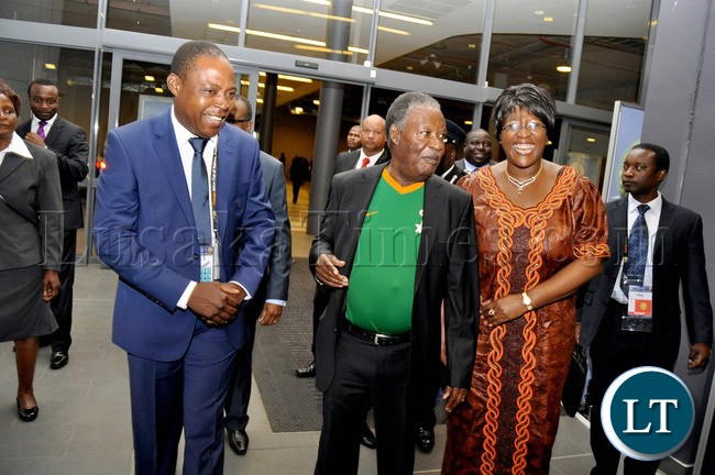 President Sata with First Lady Dr Christine Kaseba and Zambia's High Commissioner to South Africa Muyeba Chikonde leaves Hyatt Hotel in South Africa for the official opening of AFCON in SOuth Africa