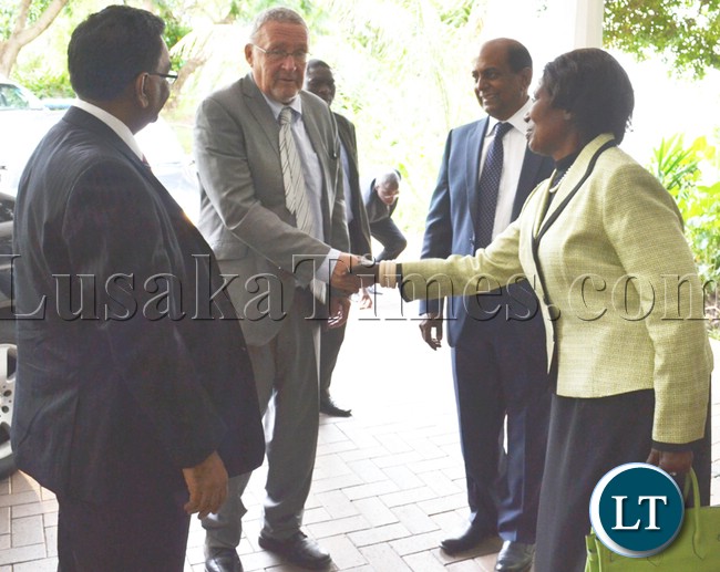 VICE President Guy Scott being welcomed by Gender and Child Development Minister Inonge Wina, Indian High Commissioner to Zambia Ashok Kumar (left) and Indian Business Council of Zambia (IBCZ) chairperson Ayyub Nagarseth (far right) before an BCZ luncheon in Lusaka