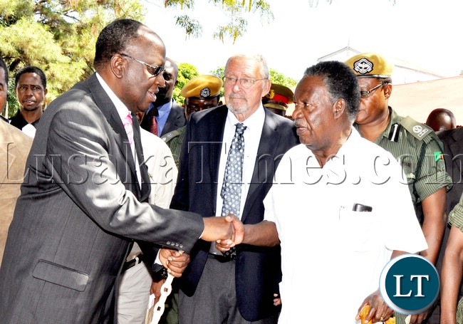 President Sata with the Litunga and Vice-President Dr Guy Scott at Limulunga palace in Mongu where he paid a courtesy call on him in Western province on April 14,2013-Picture by THOMAS NSAMA