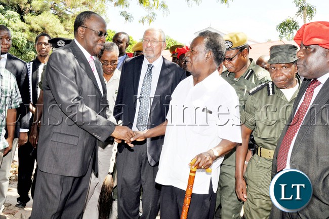 President Sata greets the Litunga at Limulunga palace in Mongu where he paid a courtesy call on him in Western province on April 14,2013-Picture by THOMAS NSAMA