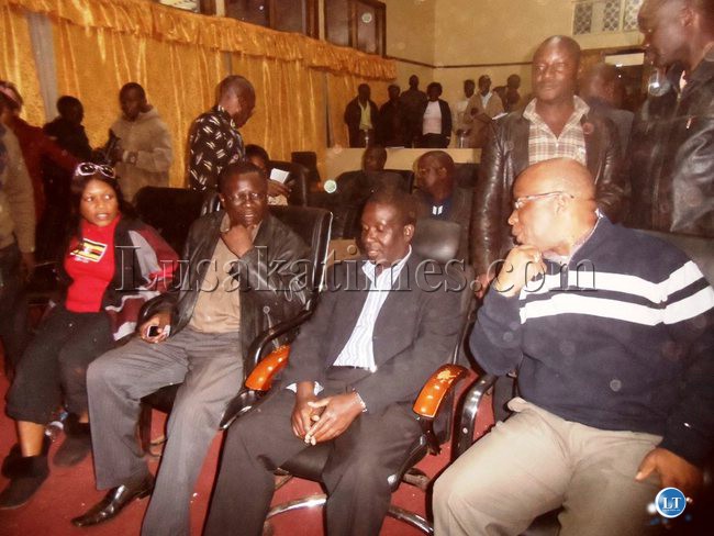 L-R: Kasenengwa Member of Parliament(MP) Victoria Kalima, Chembe MP Mwansa Mbulakulima, Newly re-elected Chipata Central MP Reuben Mtolo Phiri and MMD leader Nevers Mumba waiting for the final election results at Chipata Municipal Council