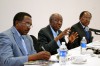 Finance Minister Alexander Chikwnda is flanked by Secretary to the Treasury Fredson Yamba (left) and Bank of Zambia Governor Michael Gondwe (right) at a media breakfast at Taj-Pamodzi hotel in Lusaka