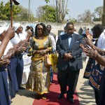 Defense Minister Geoffrey Mwamba and his wife Chama are welcomed by
Buomba choir on arrival at a fundraising braai at St Patrick’s
Catholic Parish in Lusaka