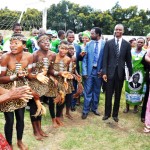 First Lady Dr Christine Kaseba being entertained by Mukanzuko dance troupe from Chisekese on arrival at Nakambala grounds for the International Women's Day in Mazambuka on May 8,2014 -Picture by THOMAS NSAMA