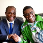 Copperbelt Province Patriotic Front Chairman Stardy Mwale (left)
shares a light moment with his Lusaka Province counterpart Geoffrey
Chumbwe