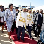 President Sata with First Lady Dr Christine Kaseba flanked by ZAF Commander Lt Gen Eric Chimese on arrival in Livingstone for the ZAF Commissioning Parade on May 9,2014 -Picture by T.Nsama