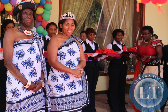 Senior Chief Mukuni of Kazungula District in Southern Province (left), his wife Victoria (middle) and Zambia’s First Republican President Kenneth Kaunda’s daughter, Cheswa Kaunda Silwizya (right) during the official opening of the Hotel in Livingstone