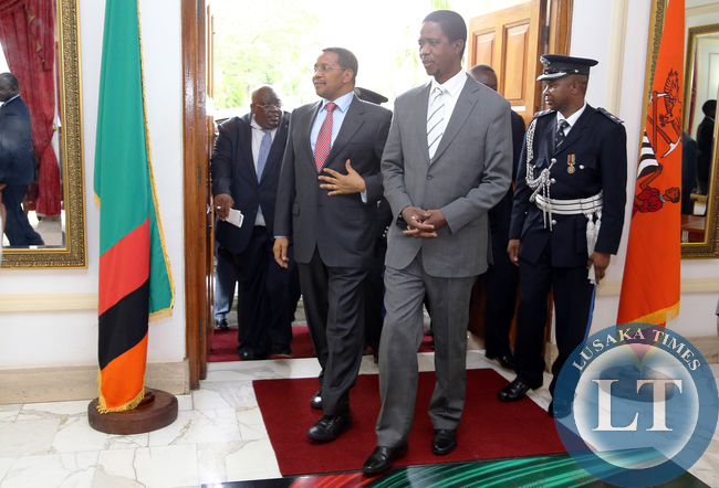 President Edgar Lungu with President Dr Jakaya Kitwete delegation at at Statehouse in Lusaka on 25-02-2015. PICTURE BY EDDIE MWANALEZA/STATEHOUSE.