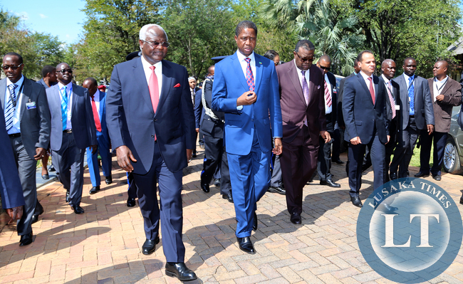 Zambian President Mr Edgar Lungu with Dr Ernest Bai Koroma President of the Republic of Sierra Leone and Nambian President Hage Geingob at the Dr David Livingstone Safari in Livingstone The Summit of the African Union Committee of Ten Heads of State on the Reform of the Security Council on Saturday 10th May2015 . Pictures By EDDIE MWANALEZA/STATEHOUSE.