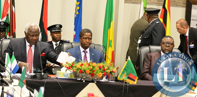 Zambian President Mr Edgar Lungu with Dr Ernest Bai Koroma President of the Republic of Sierra Leone and Nambian President Hage Geingob at the Dr David Livingstone Safari in Livingstone The Summit of the African Union Committee of Ten Heads of State on the Reform of the Security Council on Saturday 10th May2015 . Pictures By EDDIE MWANALEZA/STATEHOUSE.