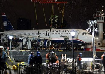 airbusplane The crashed Airbus airliner being moved from the Hudson River