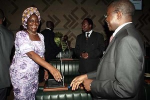 Finance deputy minister Mulenga Kapwepwe greets finance minister Situmbeko Musokotwane