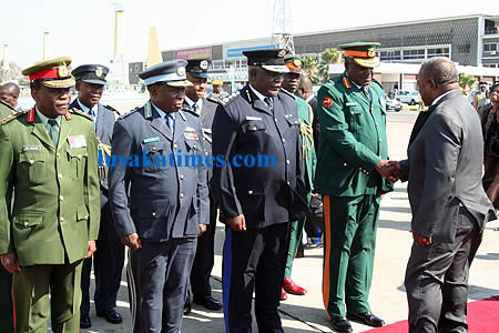 Defence force chiefs line up to bid farewell to President Banda before he left for Sawziland