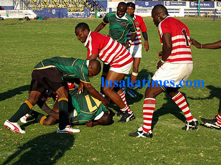 Green Buffaloes and Red Arrows rugby teams in a tussle during the Lusaka challenge at Lusaka rugby club