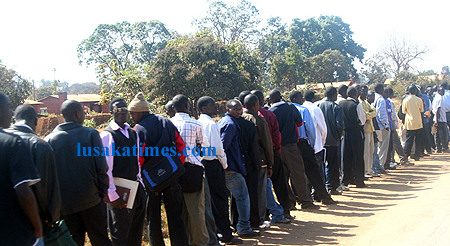 Job seekers queue up for recruitment into the Zambia Air Force during an exercise at David Kaunda technical school in Lusaka