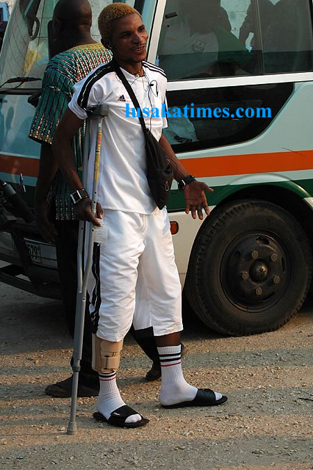 Zesco player Nyambe Mulenga spotted on cratches after the Zesco-Al Hilal match at Nkoloma stadium