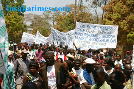 MMD members in Luapula Province Members participate in a solidarity match in support of second republican president Dr Chiluba's aquattal
