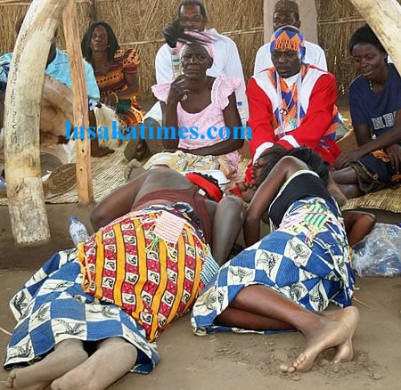 Women perform a traditional ritual at the Malaila traditional ceremony in Mambwe district