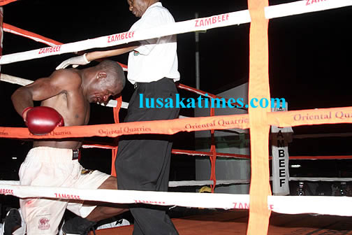 Zambia's Down and out... Zambia's Charles Wasaja' Chisamba rests on one knee after being knocked out by Tunisia's Faisal Arrami during the African Boxing Union fight in Lusaka