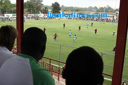 Soccer fans watching a KCM-FAZ league match played at Sunset stadium in Lusaka