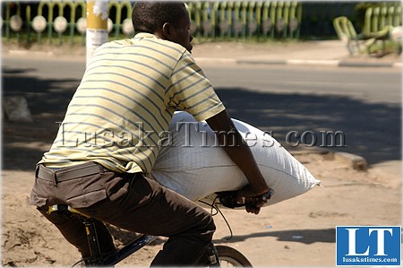 An unidentified man transports a bag of mealie meal on a bicycle in Lusaka An unidentified man transports a bag of mealie meal on a bicycle in Lusaka