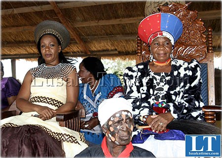 Chieftainess Nkomeshya and princess Mervis watch proceedings during the Chakwela Makumbi traditional ceremony