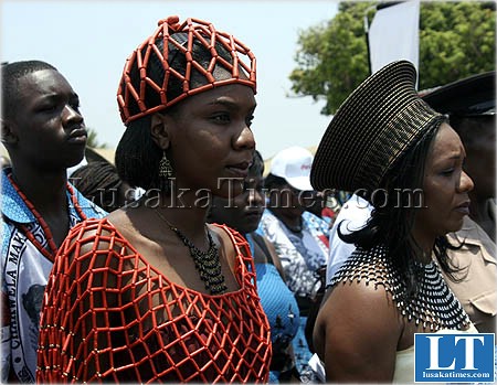 Chieftainess Nkomeshya's princesses making their way into the main arena for the Chkwela Makumbi traditional ceremony in Chongwe
