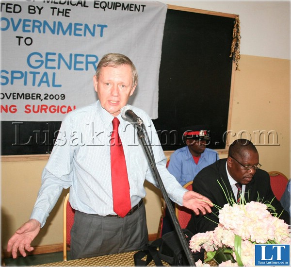 Czech Republic of Zambia and Zimbabwe Ambassador Dr. Ludek Zahradnicek  speaking during the official hand over of medical equipment at Lewanika General Hospital