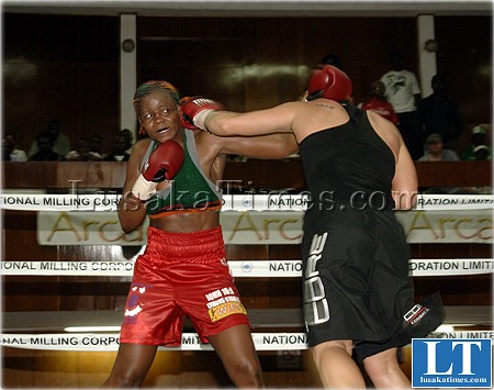 Ester Phiri on the receiving end of hard punches from Terri Blair Ester Phiri on the receiving end of hard punches from Terri Blair