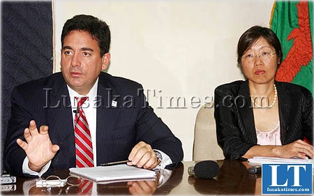 Millennium Challenge Corporation acting vice president Darius Teter is and Senior Director Kyeh Kim (r) at a press briefing in Lusaka
