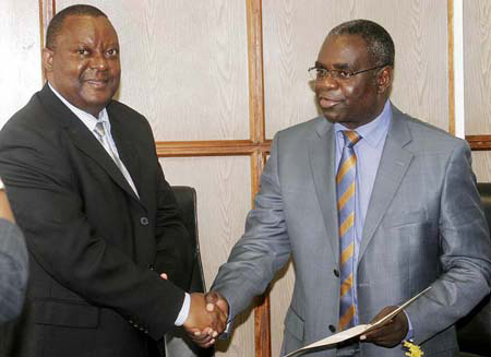 FILE: Foreign Affairs Minister Kabinga Pande receives credentials from new Africa Development Bank Country Representative Freddie Kwesiga at Ministry of Foreign Affairs in Lusaka recently