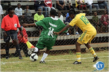 South Africa's Lindeni Maqutswa tries to block Zambia's Delly Namwaye during the CAF Under-20 women match played at Woodlands stadium in Lusaka. South Africa's Lindeni Maqutswa tries to block Zambia's Delly Namwaye during the CAF Under-20 women match played at Woodlands stadium in Lusaka.