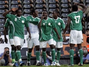 Super Eagles celebrate a goal against Ireland during an international friendly in London