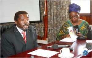 Zambia Development Agency Acting Director Muhabi Lungu (left) is flanked by Communications Manager Margaret Chimanse at a press briefing in Lusaka.
