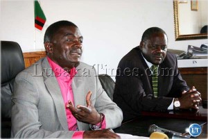 ZAMBIA Congress of Trade Unions secretary general Roy Mwaba addresses journalists while his deputy Alfred Mudenda listens during a media briefing in Lusaka