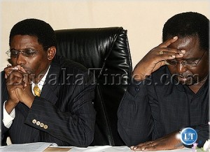 Praying for Haiti...Bishop Joshua Banda and Bishop Joe Imakando (r) pray for the Haitians after the launch of the Haiti Help initiative in Lusaka