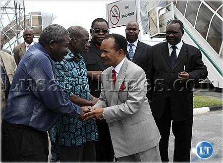 Old mates... Chiluba meets Steven Manjata at Lusaka international airport.