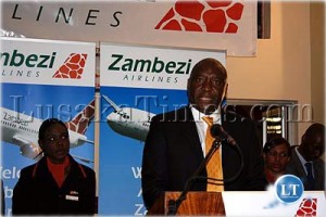 Zambezi Airlines chairman Maurice Jangulo makes a speech during the launch the airline's route to Harare Zambezi Airlines chairman Maurice Jangulo